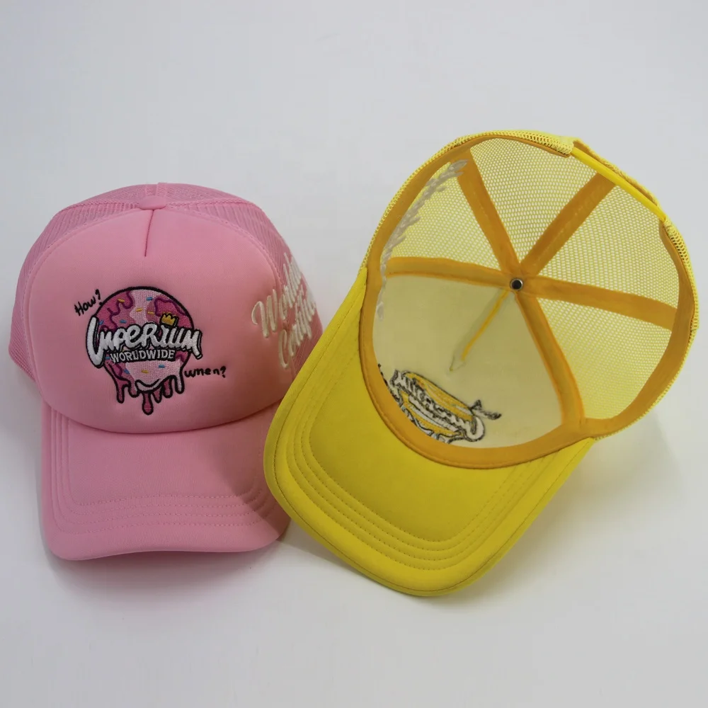 High Quality Wholesale Custom Embroidery Logo 5 Panel foam Mesh Thermal transfer printing Trucker Caps Hats