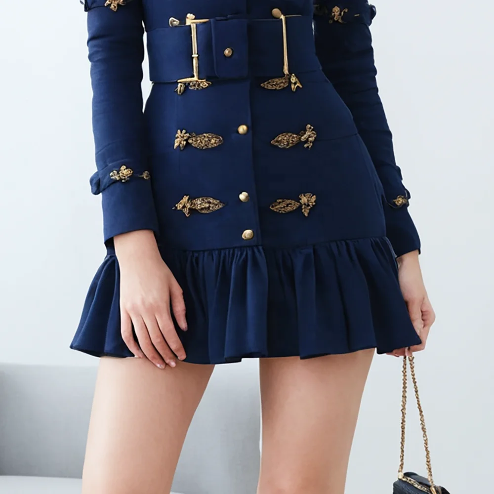 Navy blue Fashion Top Long Sleeve String Empire Waist Fashion long bodycon Jacket