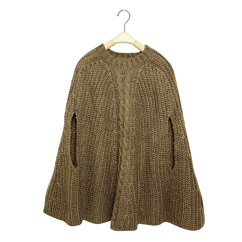 Wholesale winter women knit oversize plaid rib sleeveless crewneck crochet poncho sweater