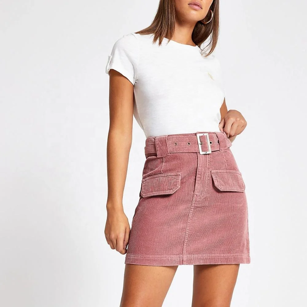 Support customization 100% Cotton pink skirt women pink corduroy belted sexy mini skirt