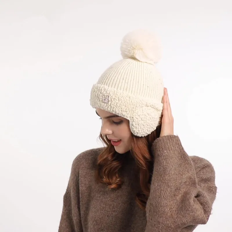 Custom Women Knitted Warm Winter Earflaps Beanie Cap Wool Fluffy Furry Beanies With Pompom Soft Skull Cap Knitted Beanie Earflap