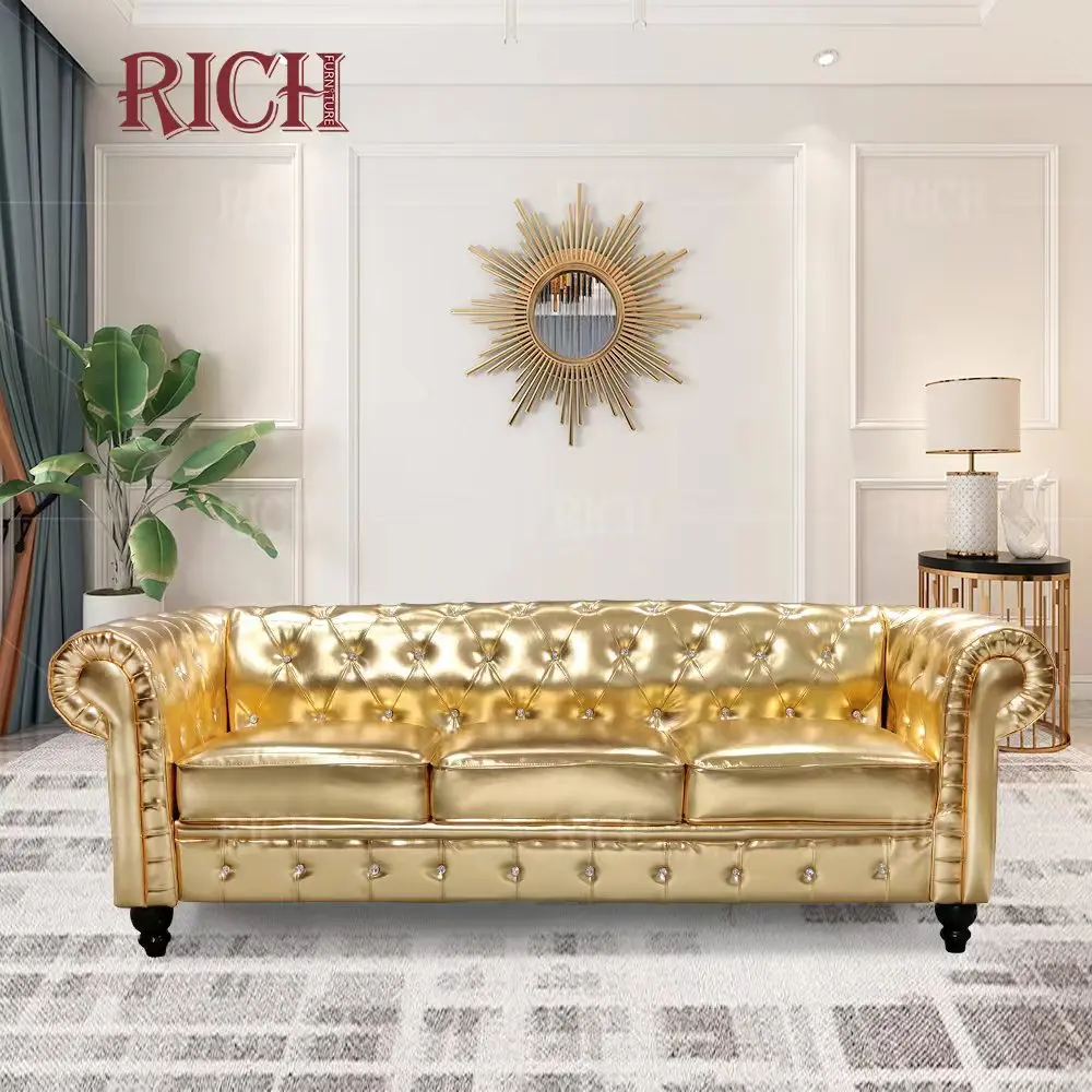 Modern furniture full Gold leather chesterfield sofa for living room shiny golden PU leather chesterfield-sofa