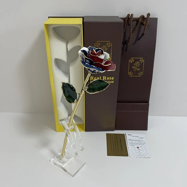 American Flag Printing Rose Gold Dipped Never Die Eternal Flower Rose With Gift Box