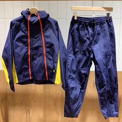 Factory Oem Spring 2022 New Collection Stitching Woven Fabric Long Sleeve Hoodie Jacket Pant Custom Suits