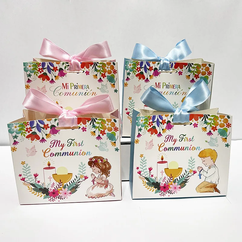 Hstyle First Holy Communion Gift Bag Pink Blue Ribbon Beautiful Religious Design  for Girls and Boys Baptism Religious Party