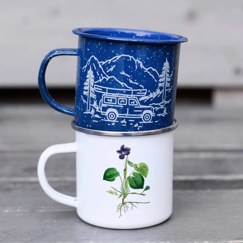 Vintage Souvenir Custom Logo Retro Mug Metal Enamel Camping Coffee Mug Tea Cup Campfire Mugs With Handle