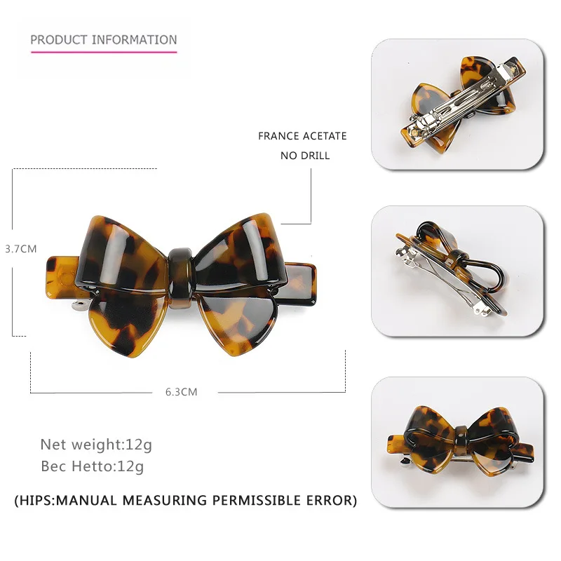 HONEY 6.3CM Small Bow Hair Barrette 7Colors Candy Colors Hair Barrette Clip Cellulose Acetate Bow Hair Clip for Women