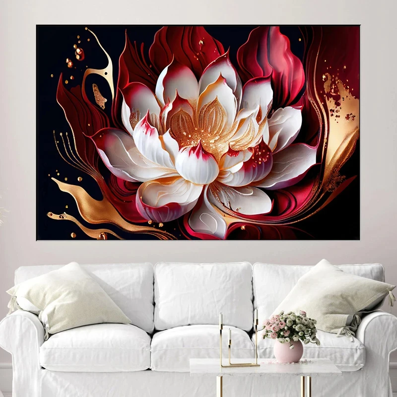 Floral with abstract green white flowers Canvas wall art Gold foil floral poster living room decorative painting