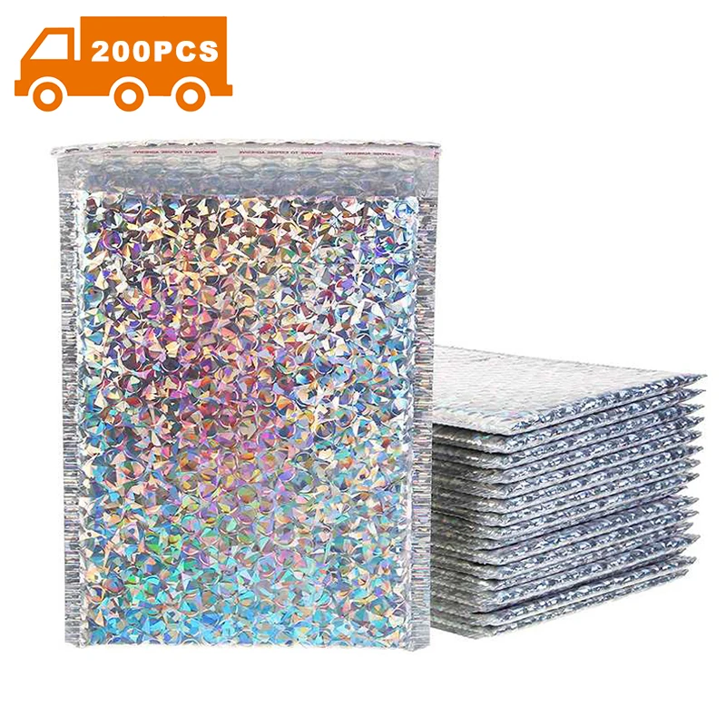 
[Free Shipping] 400PCS Shipping Packaging Glamour Hologram Bubble Mailers Metallic Holographic Bubble Express Mailer Mailing Bag 