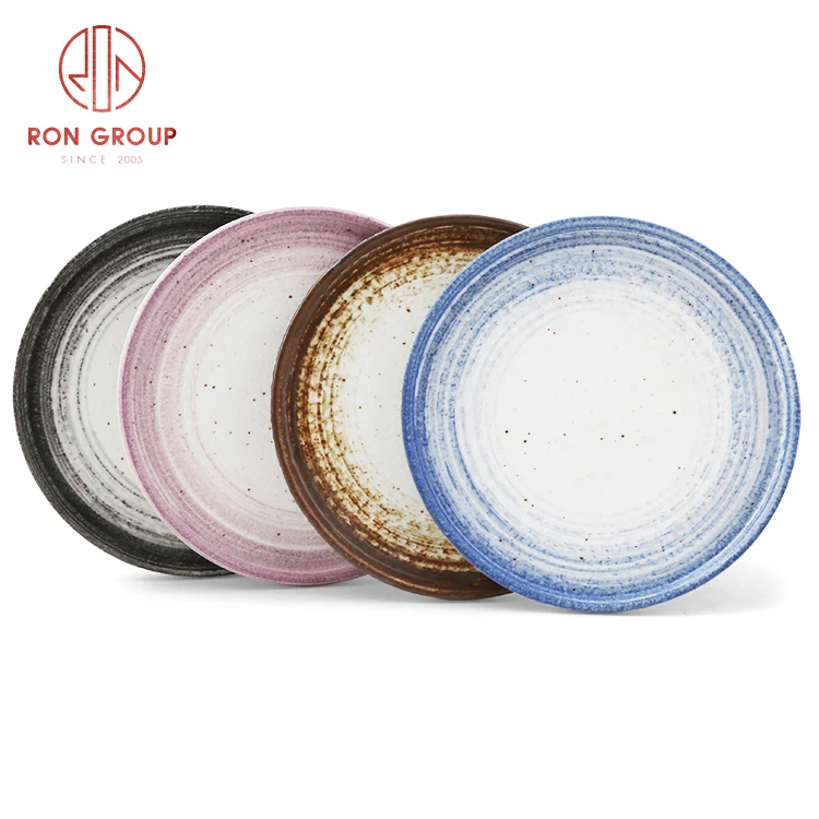 custom printed Round crockery flat wholesale hotel blue pink dining kitchen restaurant porcelain dinner ceramic plates dish set