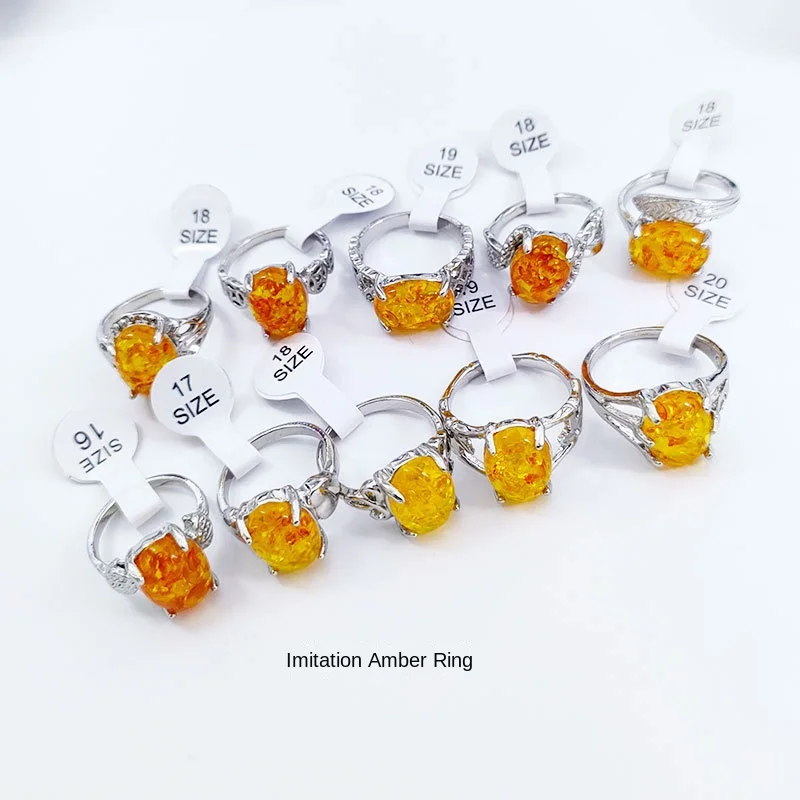 Factory Price African Style Cheap Resin Amber Rings Mixed Styles Ring Women Silver Color Alloy Rings Jewelry Gift Stall Good