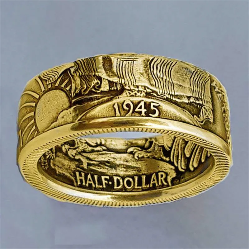 Hot Selling Vintage Carved Dollar Coins Rings Gold Plated Half Money Rings For Men