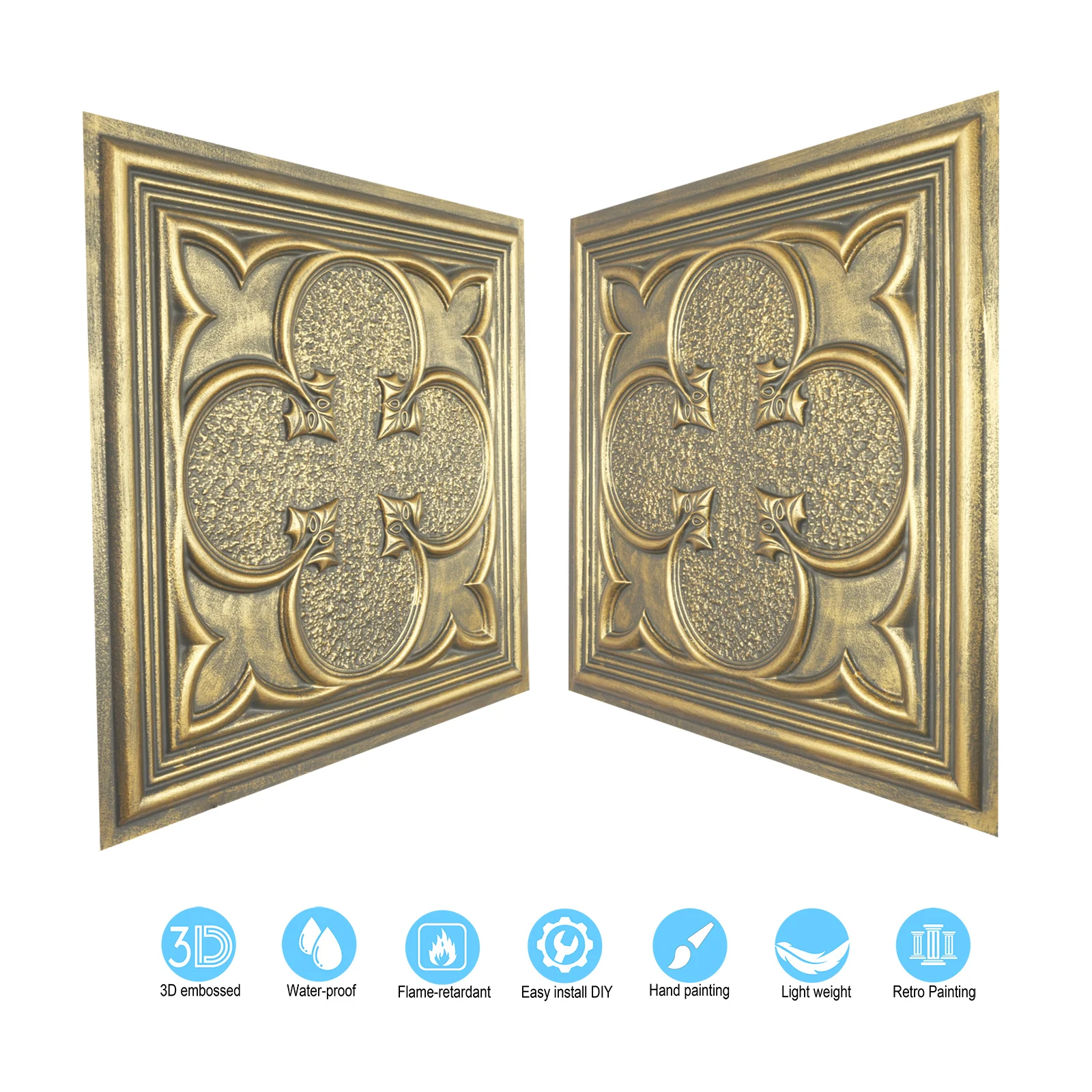 Faux finished crevices artistic ceiling tiles 3D embossed wall board Easy to Install PVC Panels for Saloon PL35 ancient gold