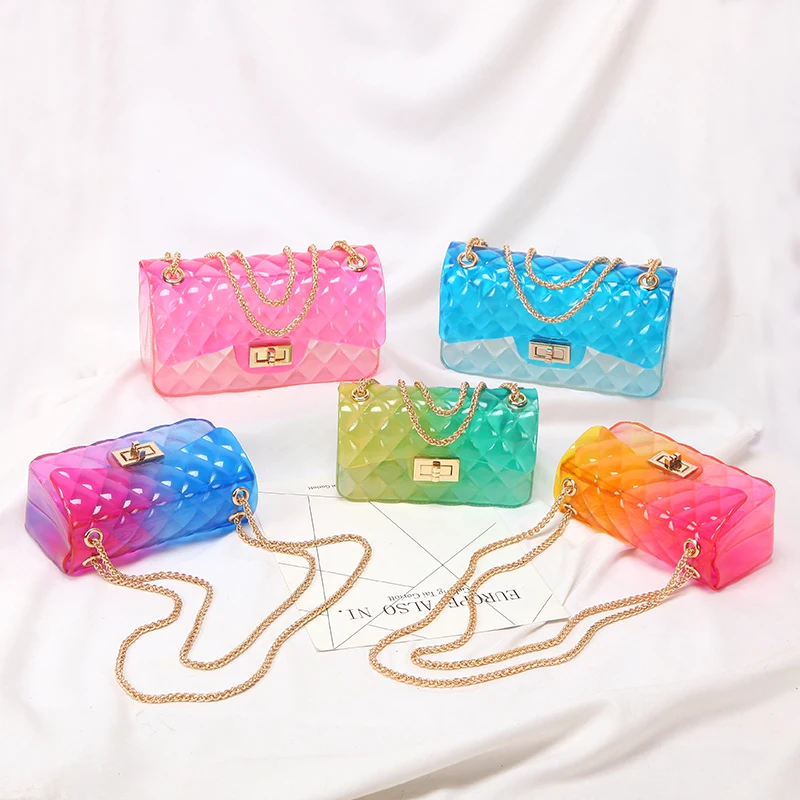 Summer lady gradient candy color shoulder purses mini jelly crossbody bag with chain