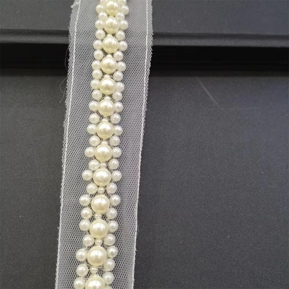 Hot Sell Fashion Bling Bling Hand Sew on Ribbon Short Trim Pearl Beaded Fringe Trimming for Evening