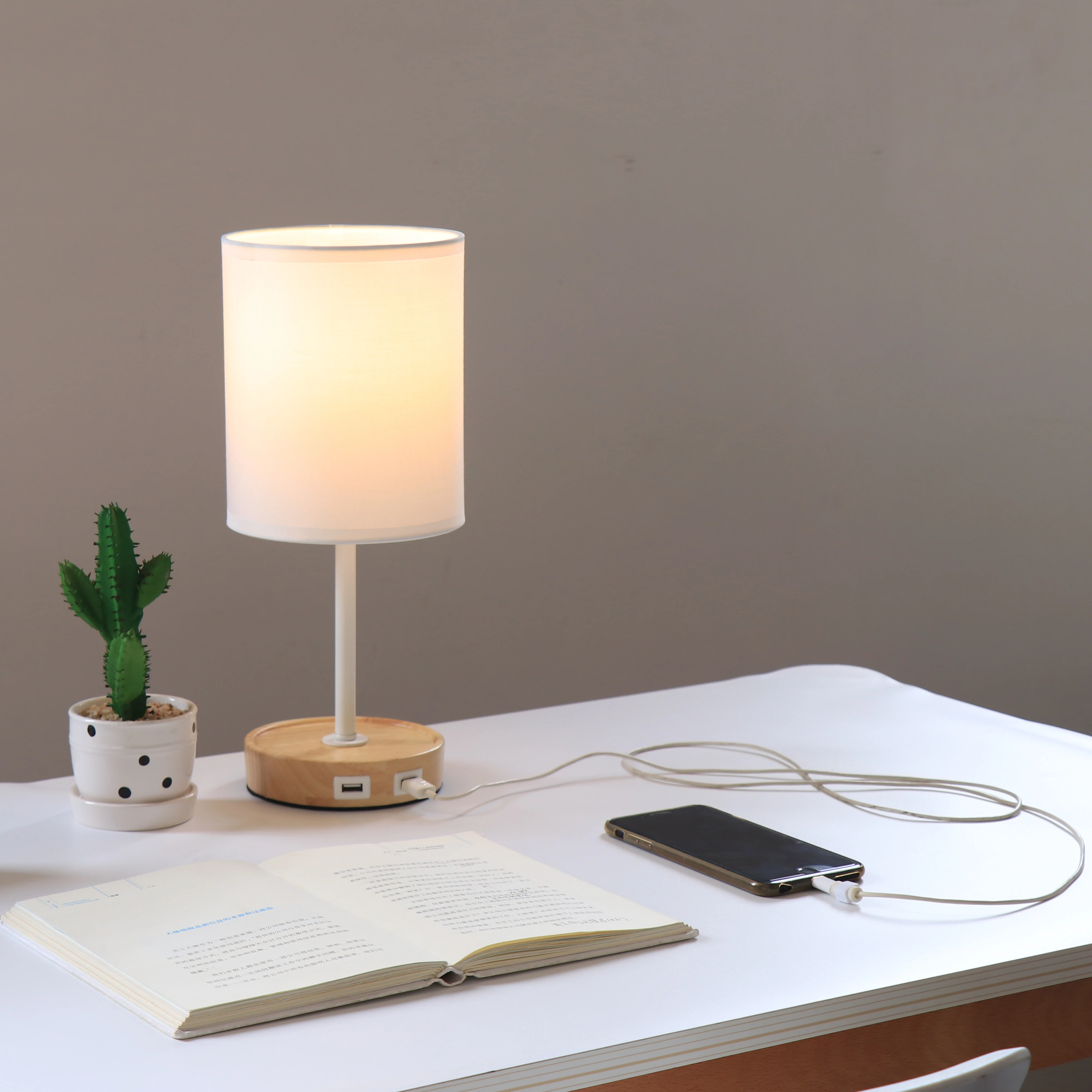 twin USB white smart home decor office bedroom touch sensor switch  wooden base fabric lampshade night table lamp