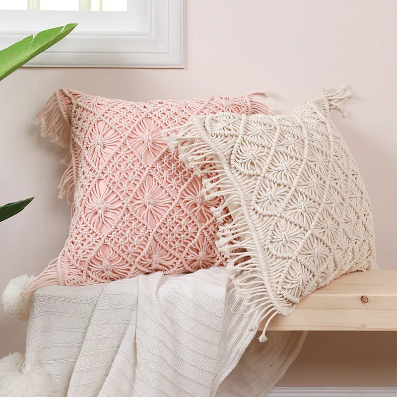 Bohemian Knit Macrame Tassel Weave 100% Cotton Cushion Cover Sofa Woven Boho Hand Made Home Square Pillow Cases