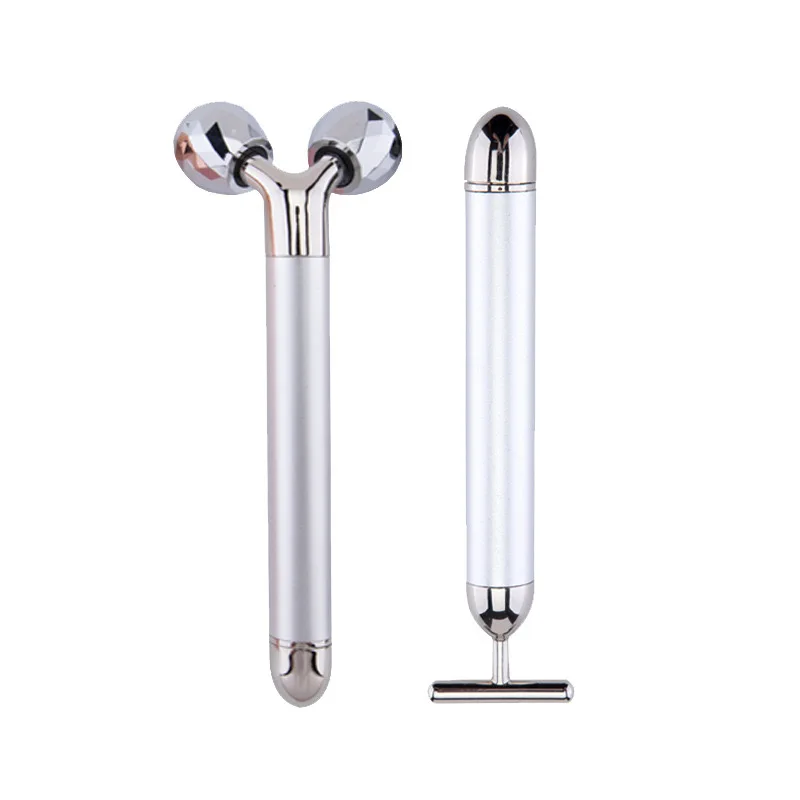 2 pcs set 24k Gold Energy Beauty Bar Vibrating Facial Lifting Skin Care T Shape Electric 3D Face Roller Massage