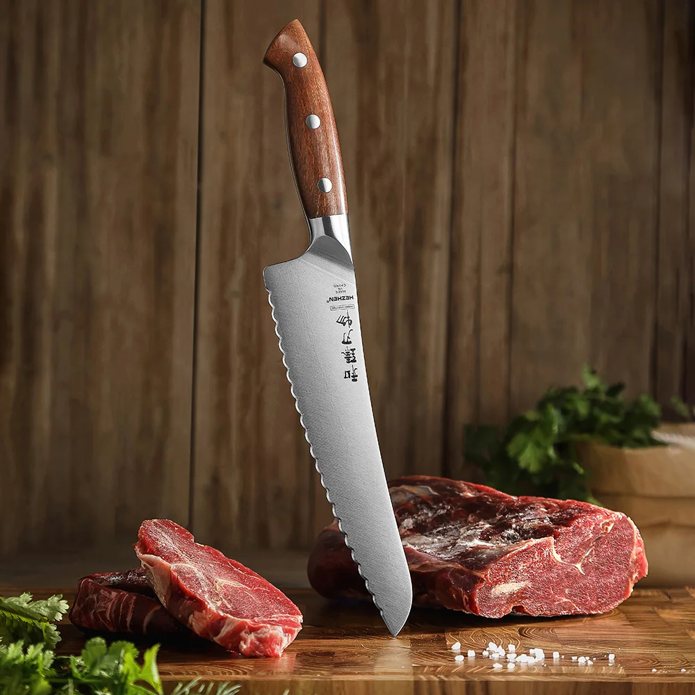 New Design Frozen Food Knife German Stainless Steel Meat Slicing Kitchen Knives Red Wood Handle Custom