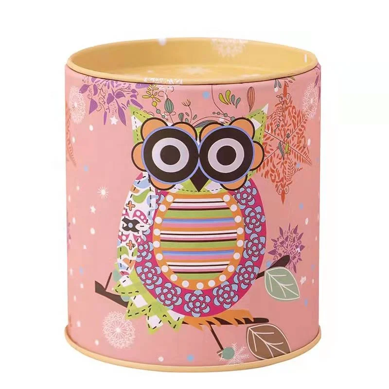 Wholesale creative owl pattern mini round metal kids piggy bank money boxes