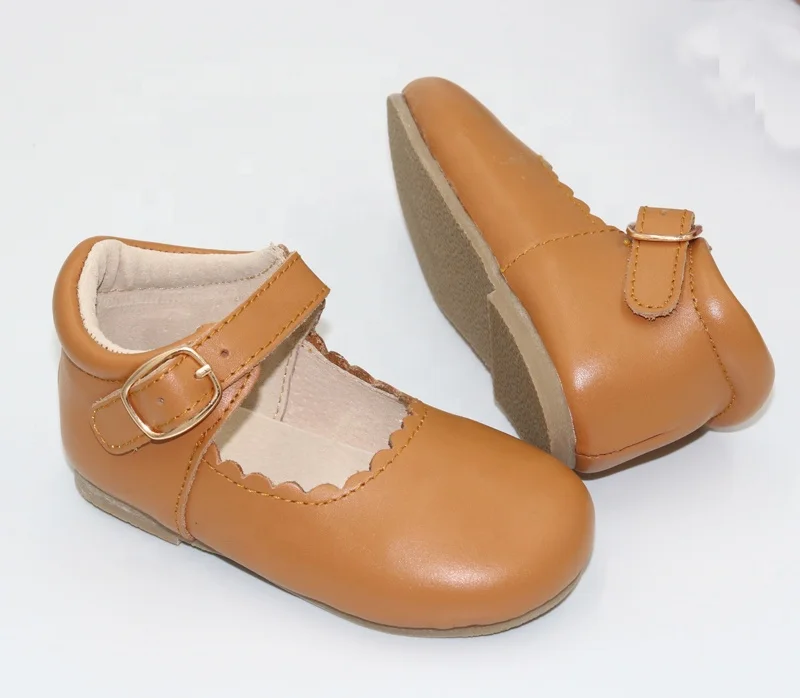 Textured Leather Flat Hard Sole Buckle Strap Children Girls Dress Shoes