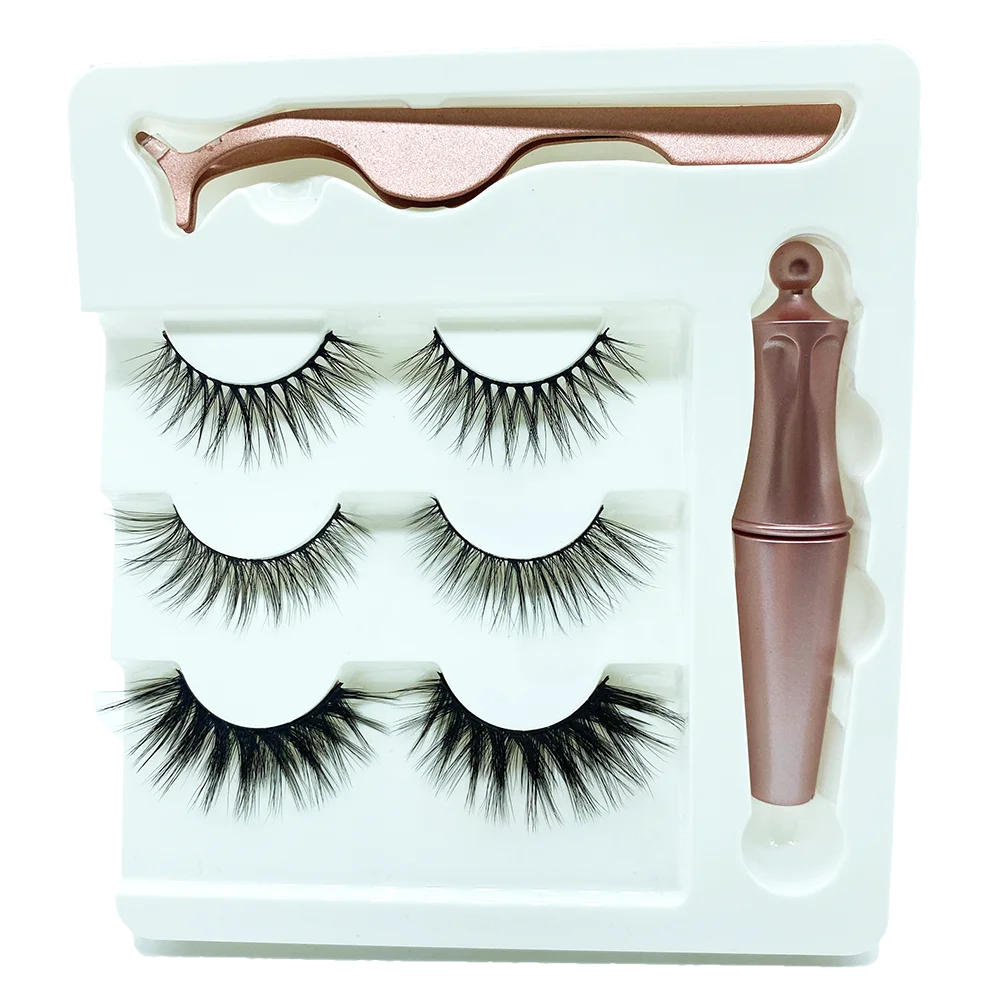 high quality private label 3 pairs no glue lashes wholesale 3d faux mink magnetic eyelashes set with the eyeliner box package