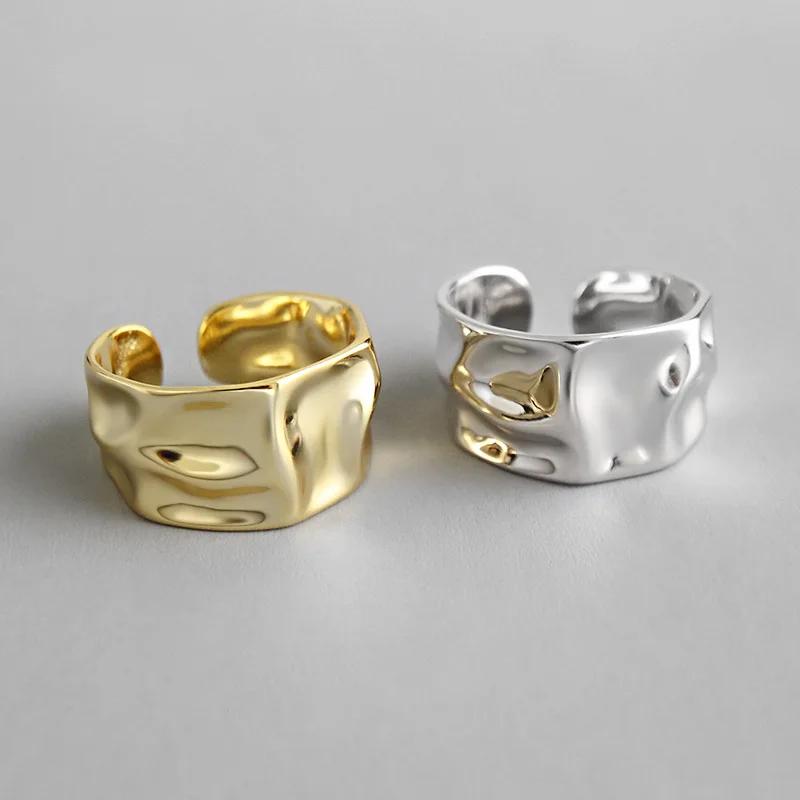 Gold Plated 925 Sterling Silver Ring Simple Design Fashion Irregular Concave Convex Wide Ring