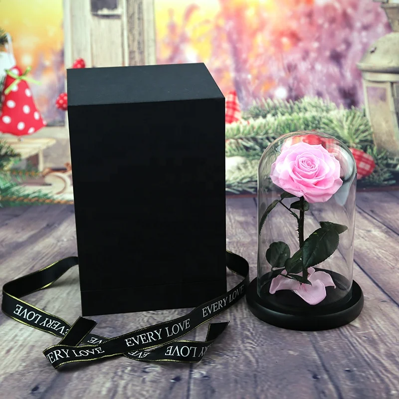 rose preserved glass dome in gift box  hot sale eternal real stabilized flower with stem for christmas