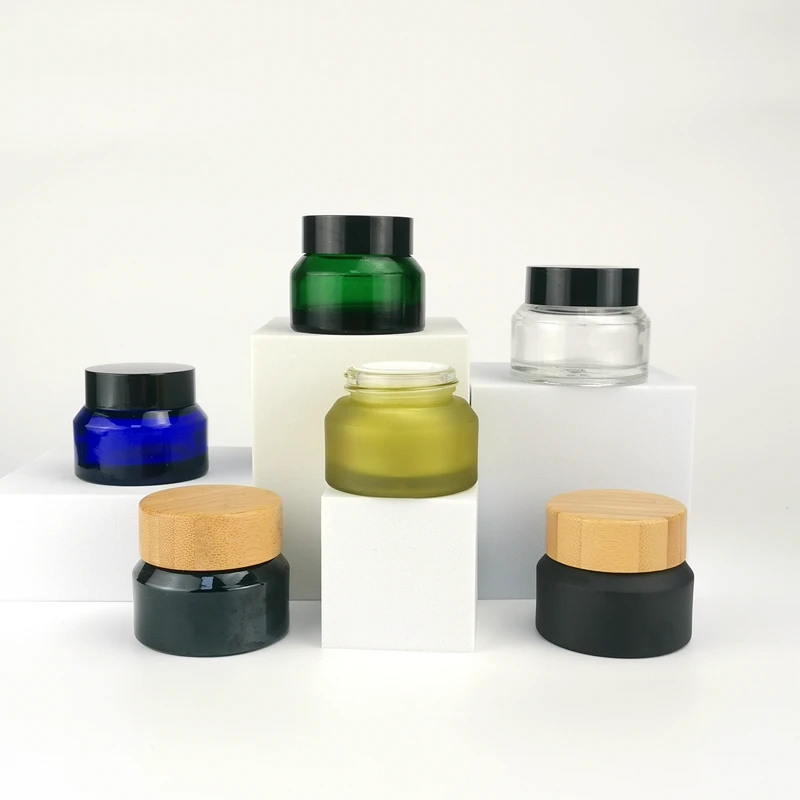 Inclined shoulder cosmetic glass container 30 ml face cream jar colored 30 gm glass jar with bamboo lid
