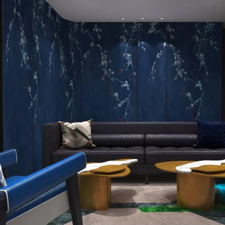 Zhenling Digital Print Plum Blue Background silk wallpaper from the Top