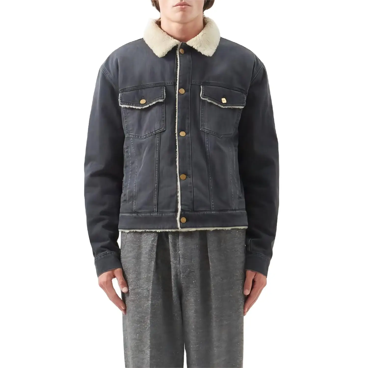 Men Autumn Winter Outwear Point-Collar Long Sleeve With Button Cuffs Closure Chest Pockets Denim Jean Jacket With Fleece Lining