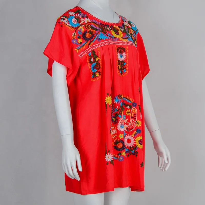 Mexican Embroidered Women Dress Flower Design Red Joyous Skirt Vintage Clothes ST0159 Casual Dresses Plus Size Short Sleeve