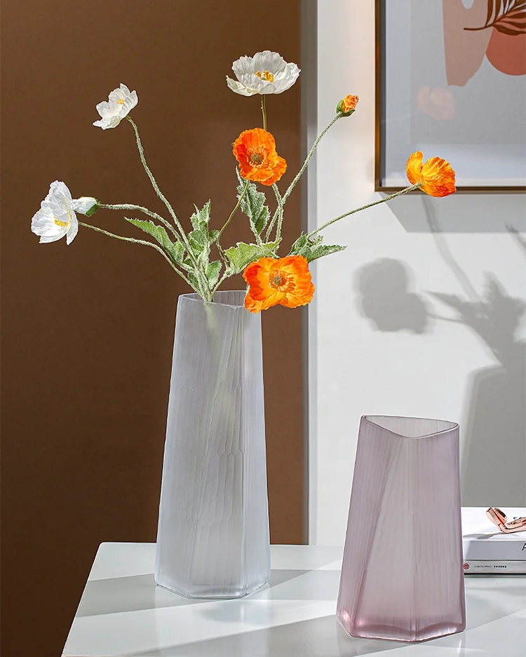 Bixuan Handmade Mouthblown Art Glass Flower Vase Unique Sanding Surface Design Geometrical Shape Solid Matte Color Flower Vases
