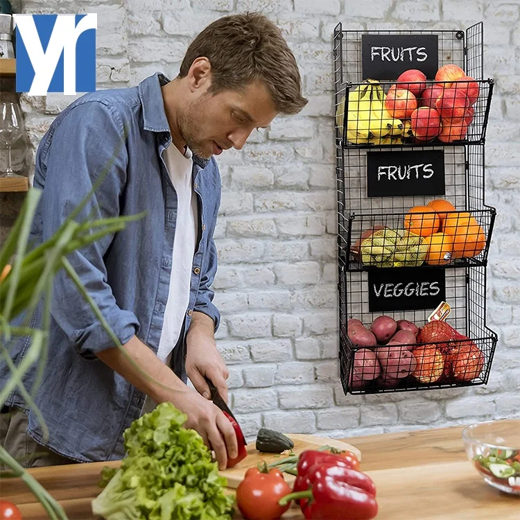 YRMT High Quality Black Iron Mesh Metal Wire Fruit Basket 3 Tiers Foldable Hanging Fruit Basket for Kitchen
