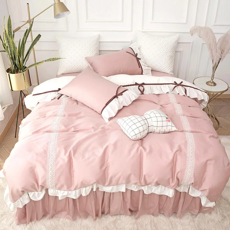 Princess Style Bedding Light Luxury Suit Lace Quilt Cover Sheet Four - piece Girl Heart Cotton Pure Cotton Bed Skirt Bedding AB