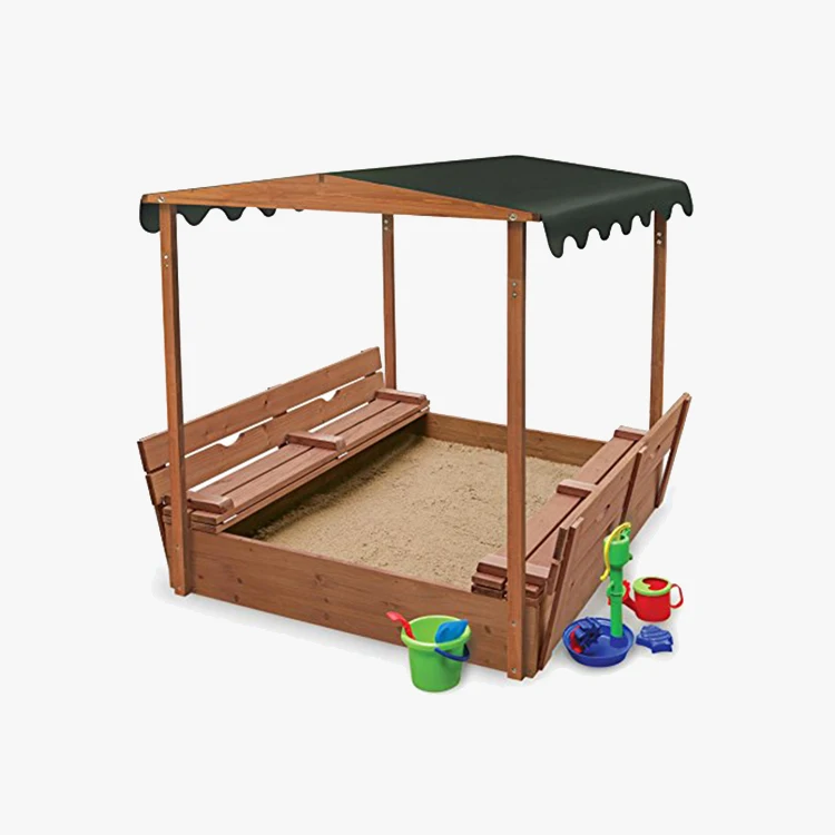 Outdoor Kids Playing Backyard Wooden Sandbox With Two Bench