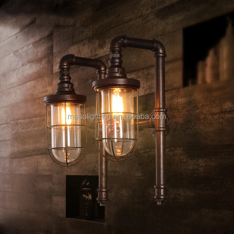Loft vintage wall lamp Retro Industrial Double Heads Water Pipe Wall Light for Bedroom Decor iron cage sconce wall light