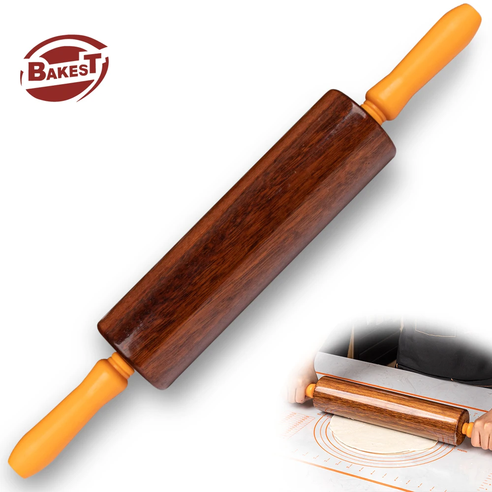 Bakest New Materia Traditional Commercial Wooden Rolling Pin Natural Merbau Wood with Stainless Steel Bearings for Pizza Dough