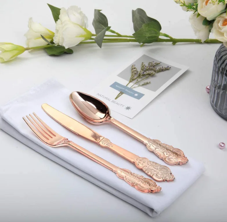 Disposable Plastic Gold Rose Gold Dessert Cake Crown Spoons Fork Knife Flatware Utensils Set for Party Wedding or Daily Using
