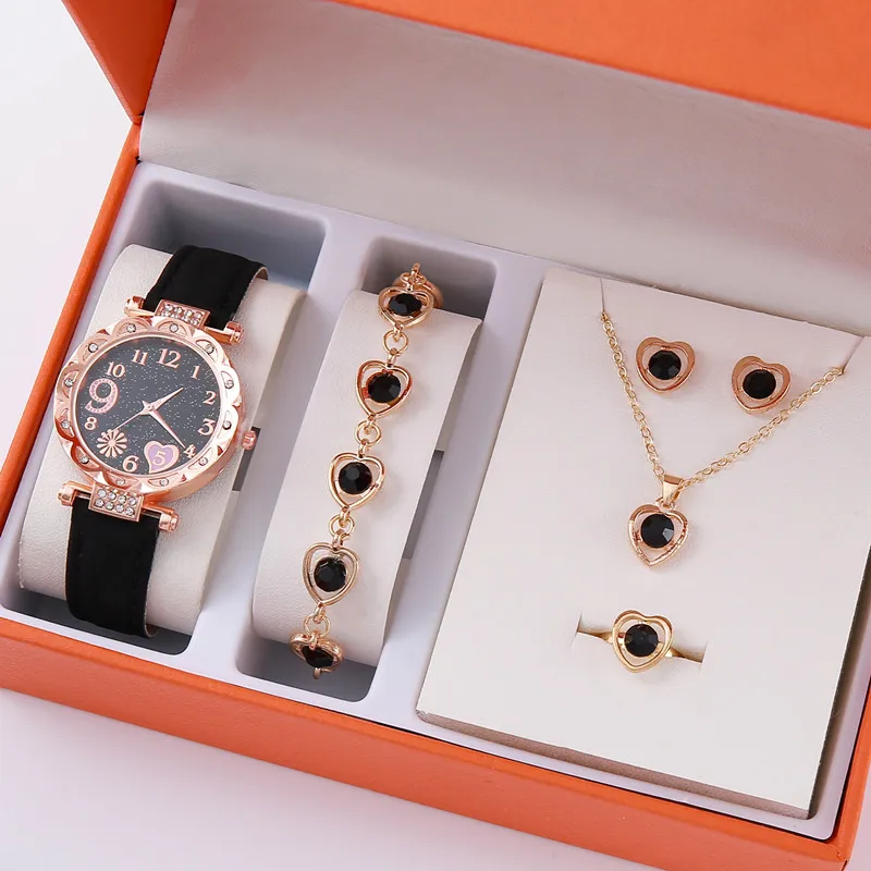 2/5/6PCS/Set Fashion Rhinestone Heart Women Watch Jewelry Set Female Leather Band Quartz Wrist Watch