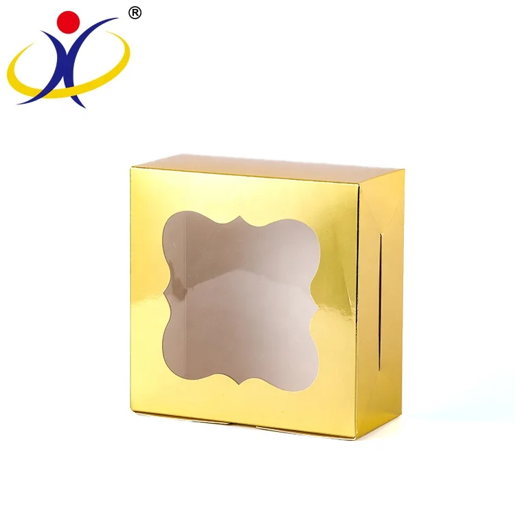Custom Golden Color Cake Paper Box With Flower Window Bakery Takeout Cupcake Packing Folding Paper Box