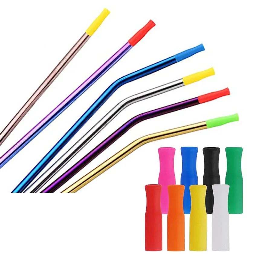 Reusable Removable 6mm 8mm 12mm Stainless Steel Straws With Silicone Tips
