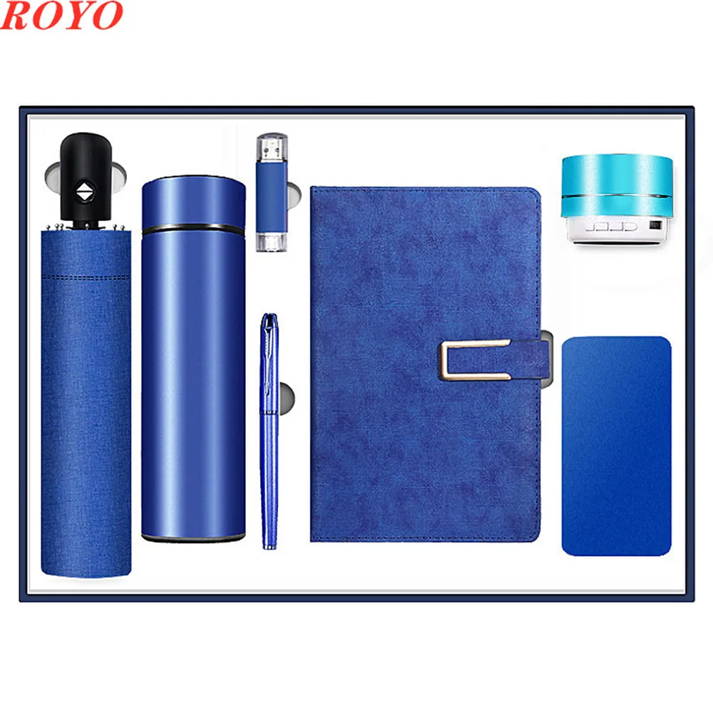 Elegant wedding notebook giftset umbrella gift set with bottle and usb drive and pen 7 in 1 power bank giftset with bt speaker