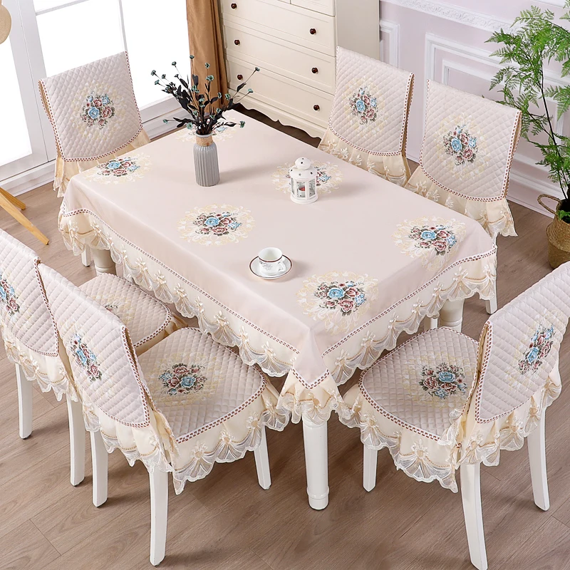 
High quality Luxury Europe style lace embroider decoration tablecloth home banquet chair cover set 