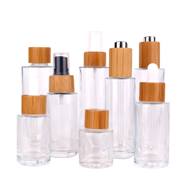 Bamboo Screw Cap Essential Oil Cover Face Cream Spray Cosmetic Glass Dropper Aromatherapy E Liguid Round Bottle Lotion