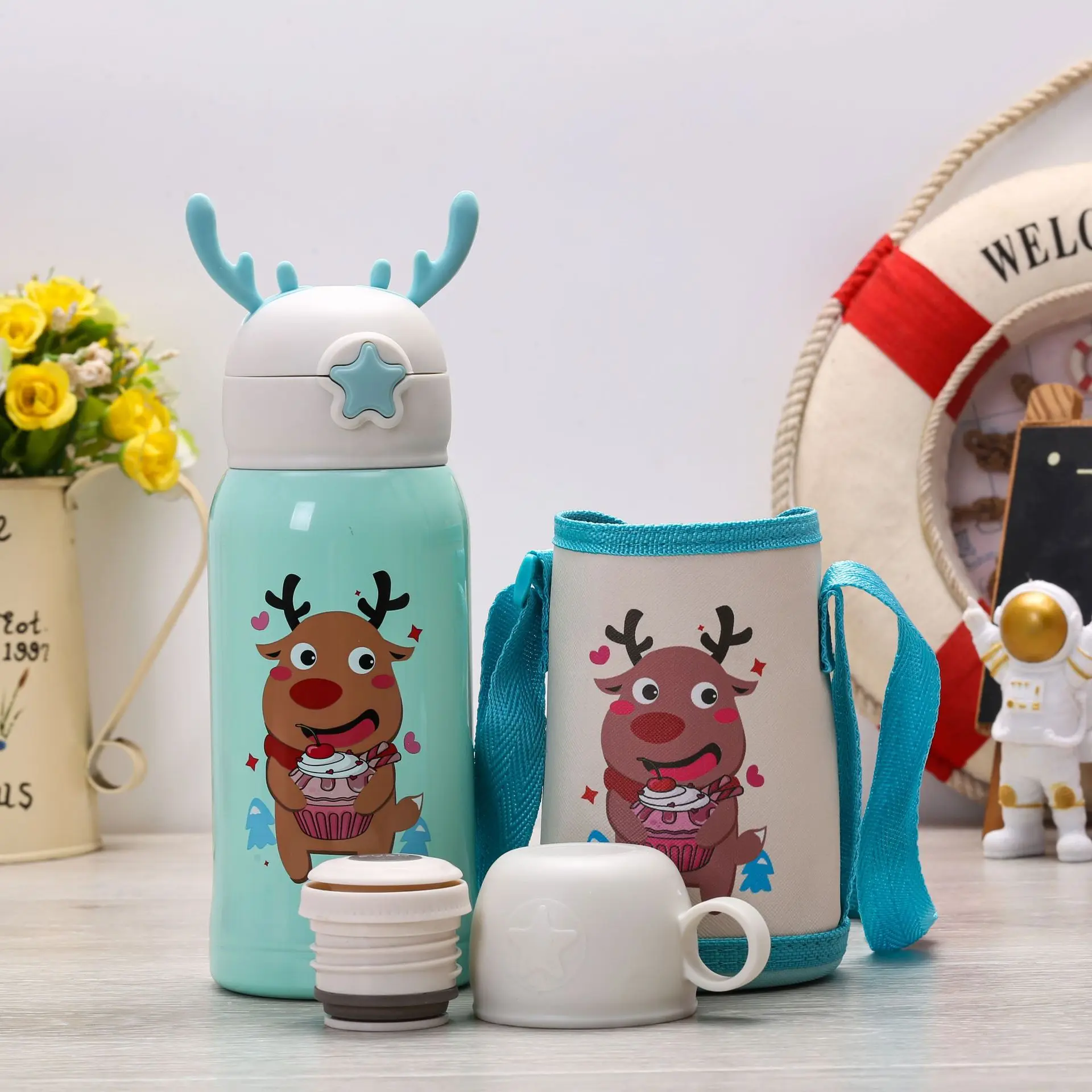 Custom 500ml 17oz Kawaii Deer Antler Water Bottles For Kids School Children 316 Stainless Steel Vacuum Thermos