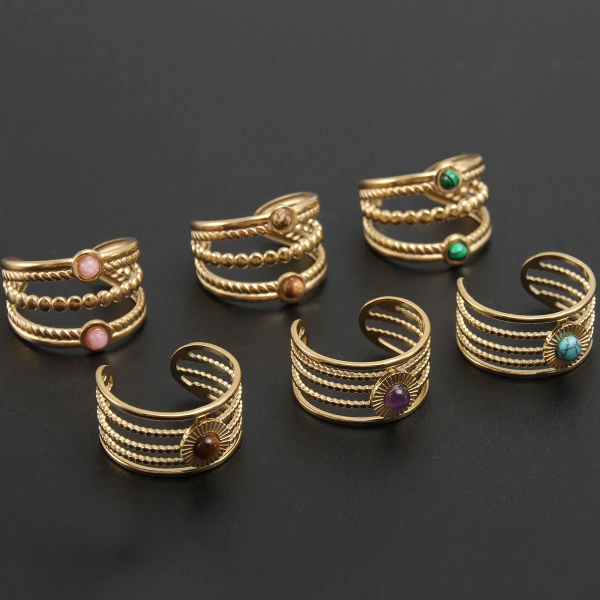 18K Gold Plated Fashion Jewelry Hollow Stainless Steel Natural Gems Stone Couple Double Layer Wide Ring Factory Custom
