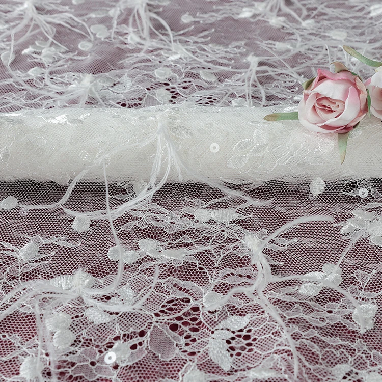MX571 White Tulle Feather Sequin Bridal Mesh Embroidery Fabric Lace For Wedding Dress