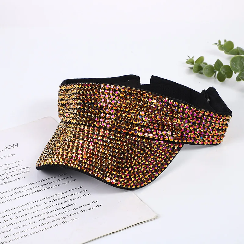 Hot Sale Trendy Bling Sparkle Shiny Glitter Diamond Rhinestones Summer Outdoor Beach Adjustable Colorful Unisex Sun Visor Caps