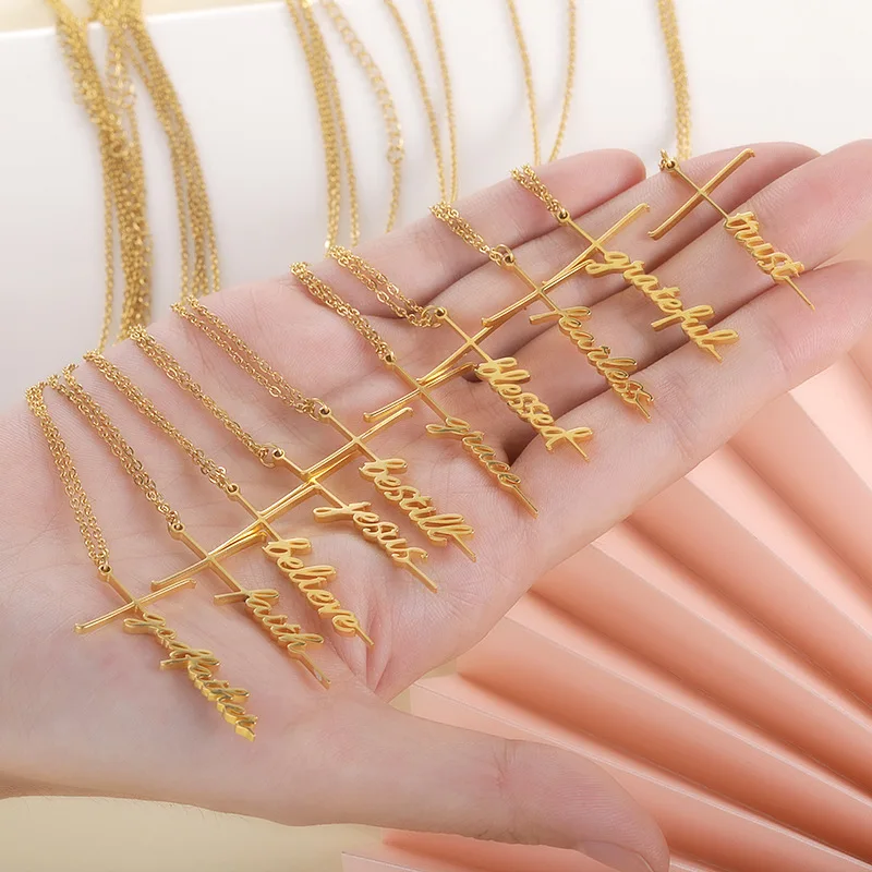 Go Party Cross Faith Necklace Jesus Trust Blessed Grace Godfather Fearless Believe Grateful letters stainless steel necklace